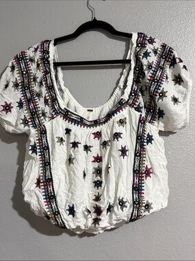 Free People White Embroidered Boho Scoop Neck Top